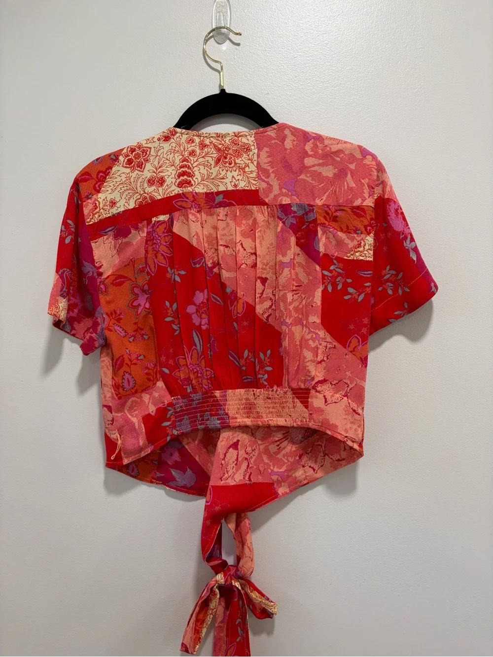 Free People Red Pink Floral Tie-Waist Crop Top #0105